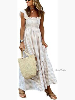 Retro Plaid Smocked Maxi Dress with Spaghetti Straps and Pockets